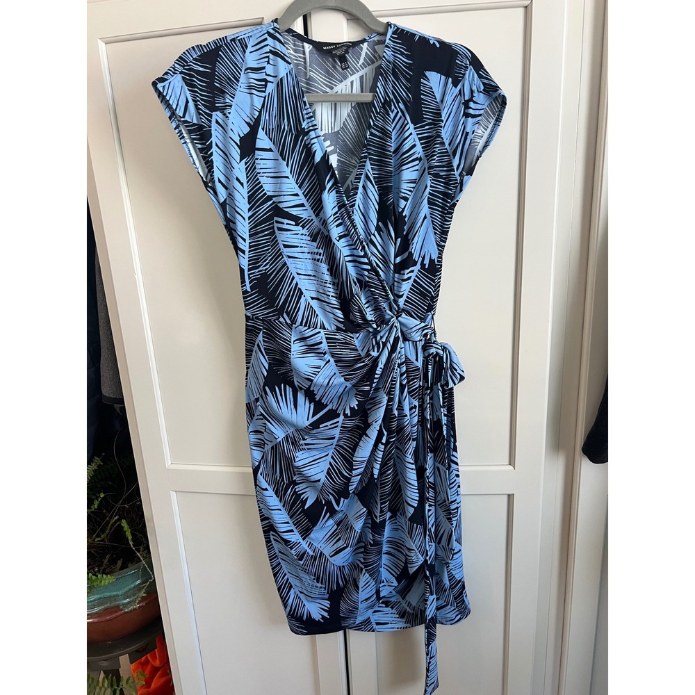 Maggy London Blue Palm Leaf Print Faux Wrap Dress Size 6 Navy Tropical Career